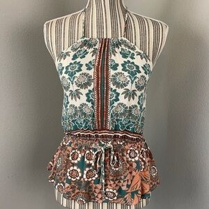 Kendall & Kylie Womens Medium Halter Neck Boho Open Back Peplum Top Shirt